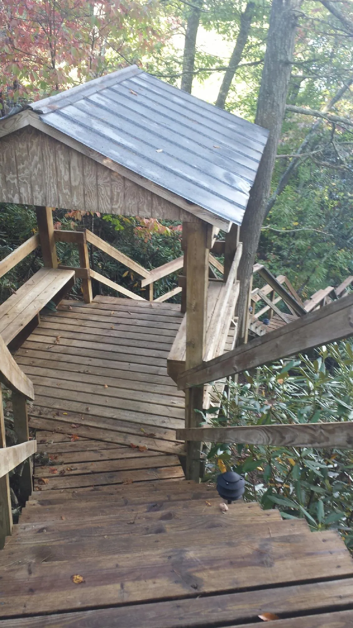 Metal roofed shelter over wooden steps on a wooded walkway — Skylight Repair & Installation work by our crew in Richeyville